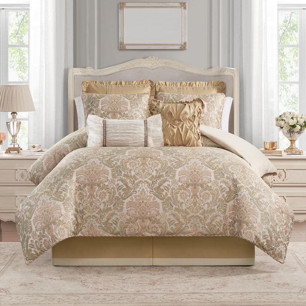 Waterford Vaughn Queen-Steppdecken-Set – 6-teilig, Marineblau Mit Gold, Damast-Muster