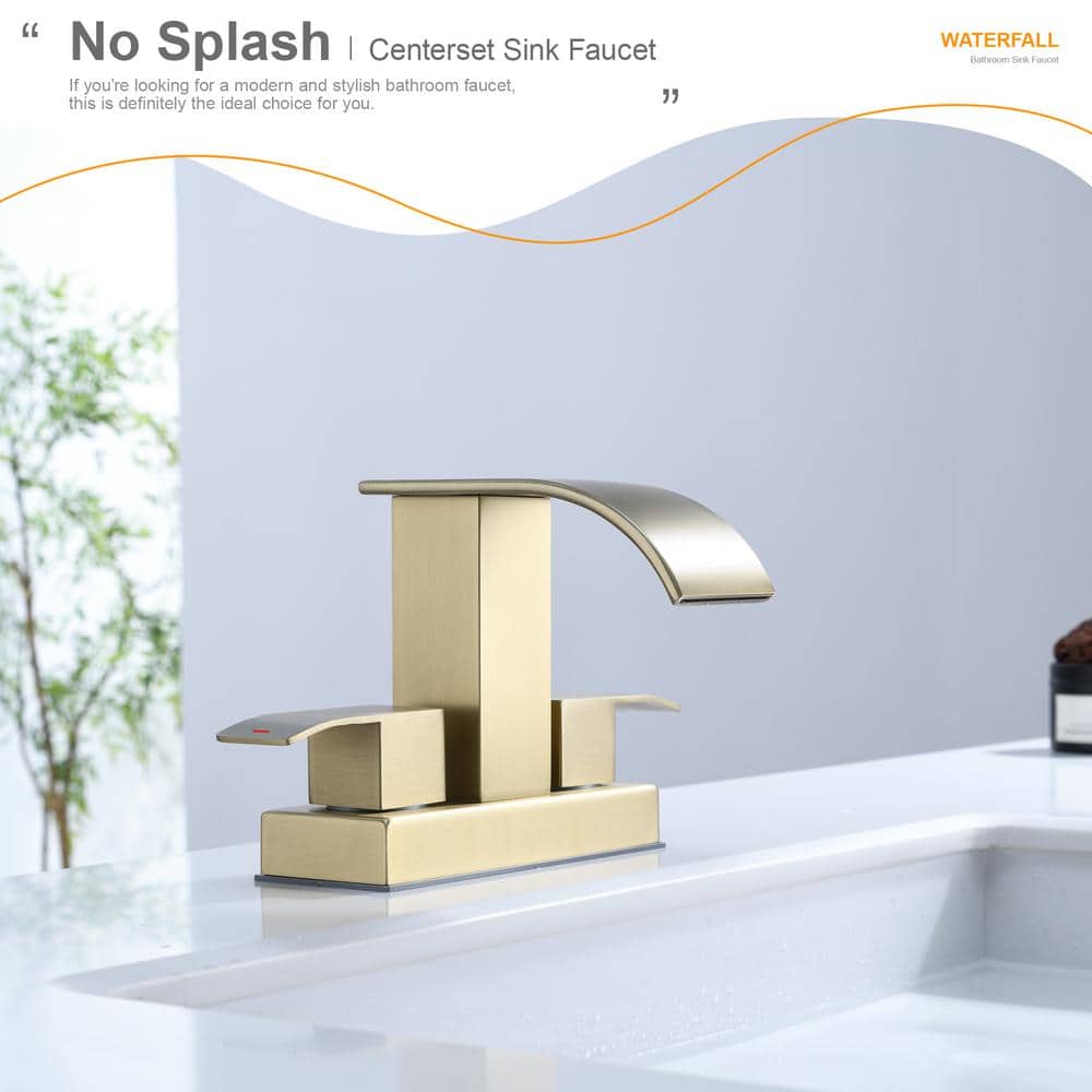 Brushed Gold 4-Inch Centerset Waterfall Bathroom Faucet with Drain Kit