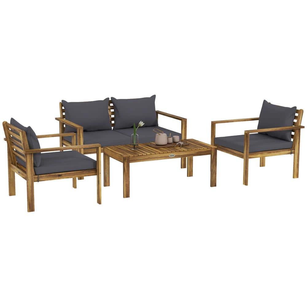 Acacia Wood 4-Piece Outdoor Patio Set with Gray Cushions