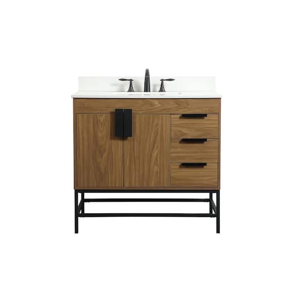 Unbranded Simply Living 36 in. W x 22 in. D x 33.5 in. H Bath Vanity in Walnut Brown with Ivory White Engineered Marble Top