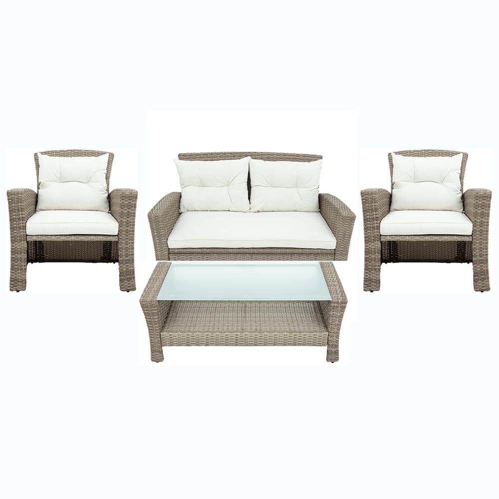 New 4-Piece Wicker Outdoor Patio Conversation Seating Set with Beige Cushio