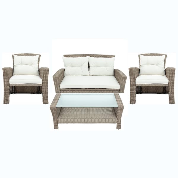Unbranded New 4-Piece Wicker Outdoor Patio Conversation Seating Set with Beige Cushions