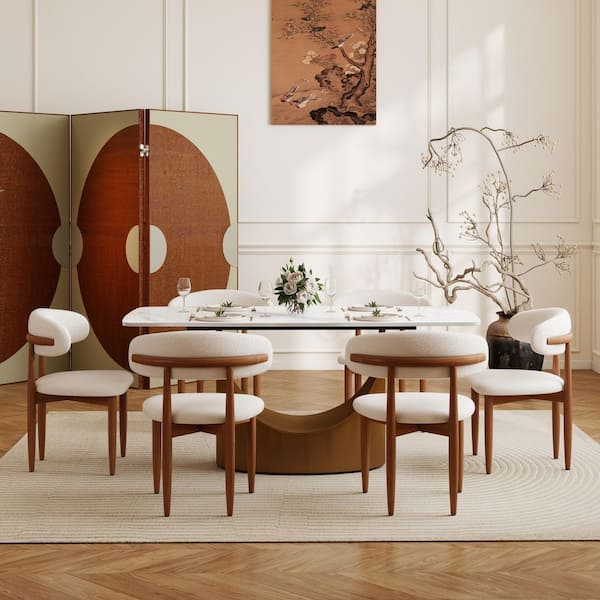 (Set of 6) Modern Lambswool Sitting Cushion Dining Chair in Walnut