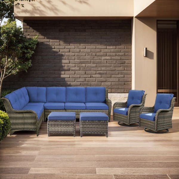 Arcline 6-Piece Gray Wicker Patio Conversation Set with Olefin Blue Cushions L-Shaped Sofa with Ottoman/Swivel Chairs