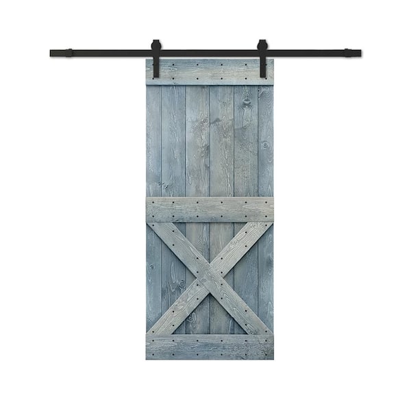 CALHOME 28 in. x 84 in. Mini Denim Blue Stained DIY Wood Interior Sliding Barn Door with Hardware Kit