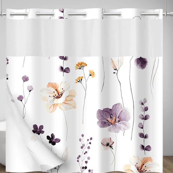Floral No-Hook Shower Curtain with Snap-In Liner,Plum Flower