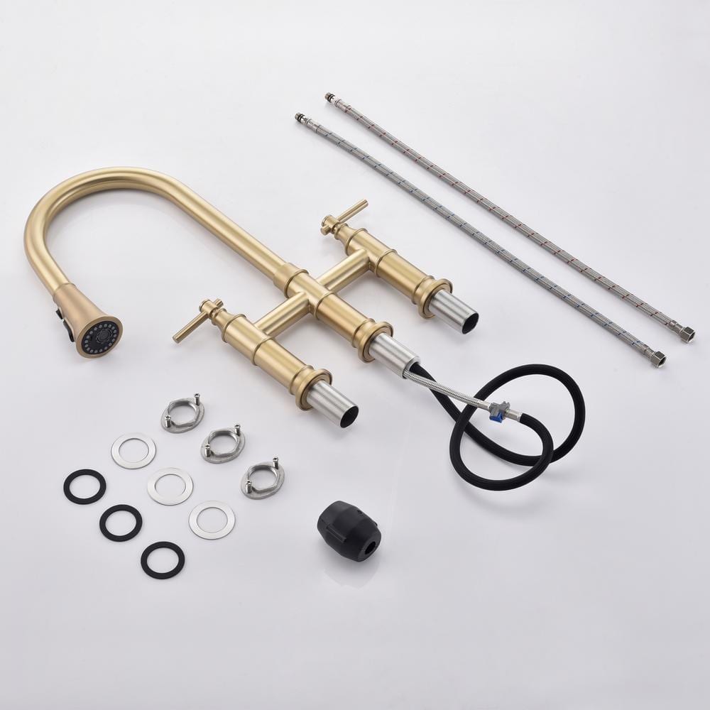 Brushed Gold Stainless Steel Bridge Kitchen Faucet with Pull-Out Spray