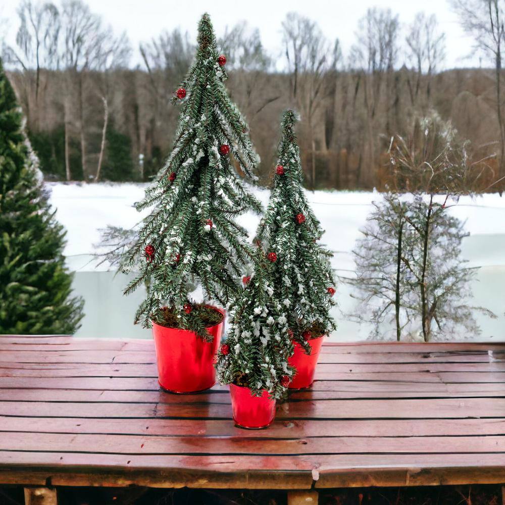24" Green and Red Flocked Potted Tabletop Christmas Trees