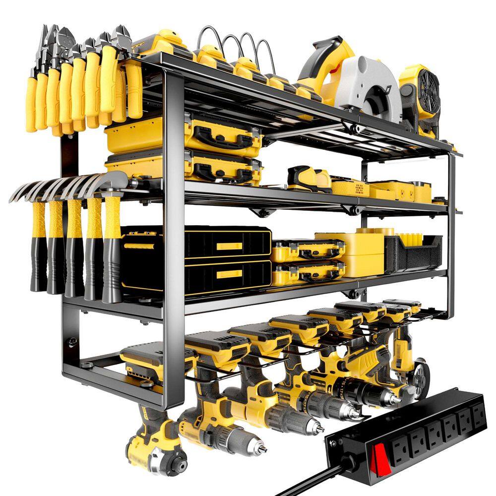 Black Heavy Duty Steel Wall Rack with 6-Outlet Charging Station, 4-Tier Tool Organizer for Garage Storage price history on PriceWatchPro