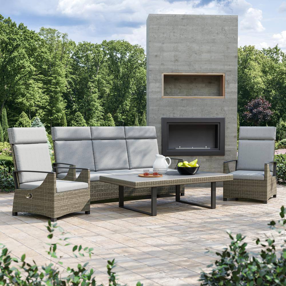 GREEMOTION Gray Adjustable With Cushions and Table GHN-3225-6QD Home Patio Antigua Set Depot Gray 4-Piece The - Wicker Height Conversation