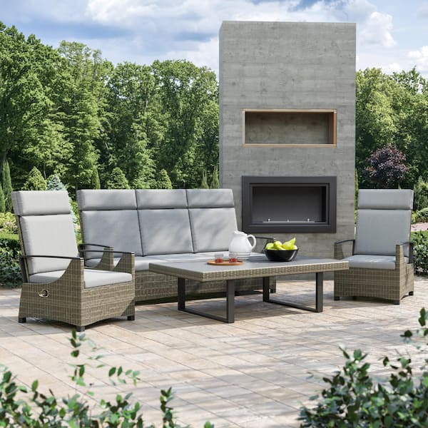 GREEMOTION Antigua Gray 4-Piece Wicker Patio Conversation Set With Gray Cushions and Height Adjustable Table