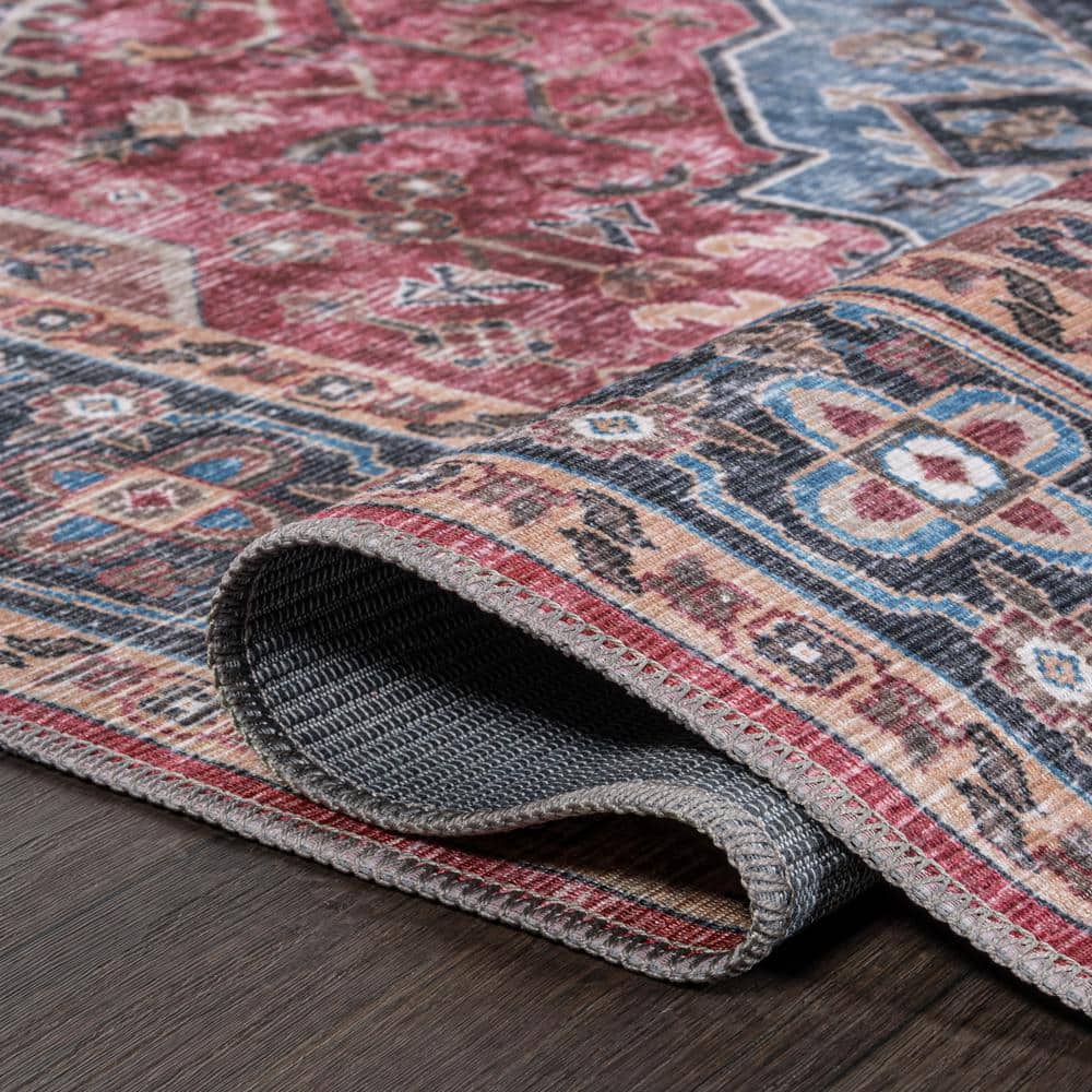 Red and Blue Medallion Washable Synthetic Area Rug 3' x 5'
