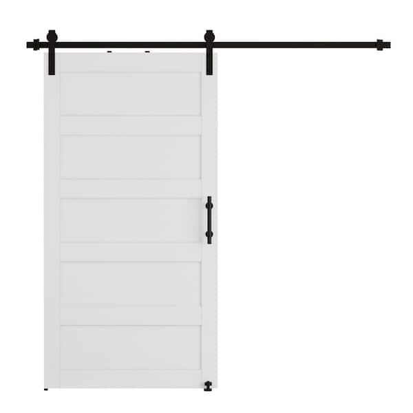 WEGATE 36 in. x 84 in. 5-Panel White MDF Sliding Barn Door Slab with Hardware Kit (with Round Tube Handrail and Sway Stop)
