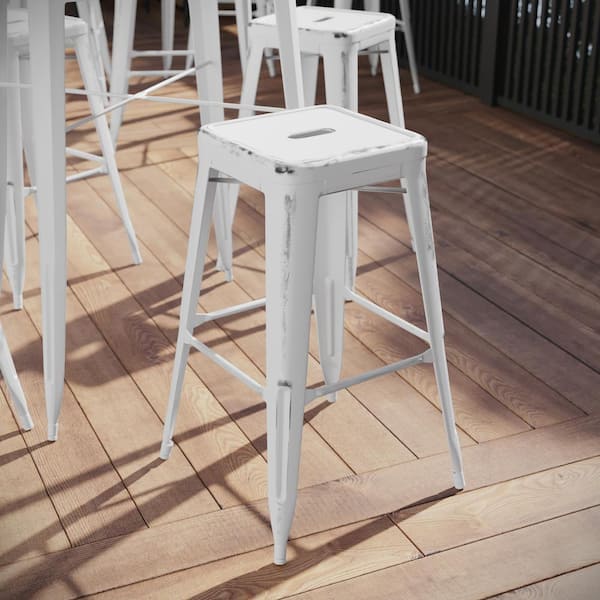 Flash Furniture 30 in. Distressed White Metal Bar Stool