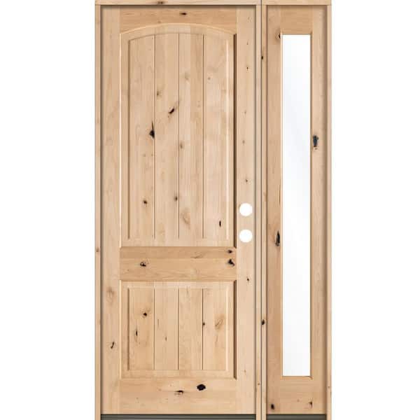 Krosswood Doors 44 in. x 96 in. Rustic Unfinished Knotty Alder Arch VG Left-Hand Right Full Sidelite Clear Glass Prehung Front Door