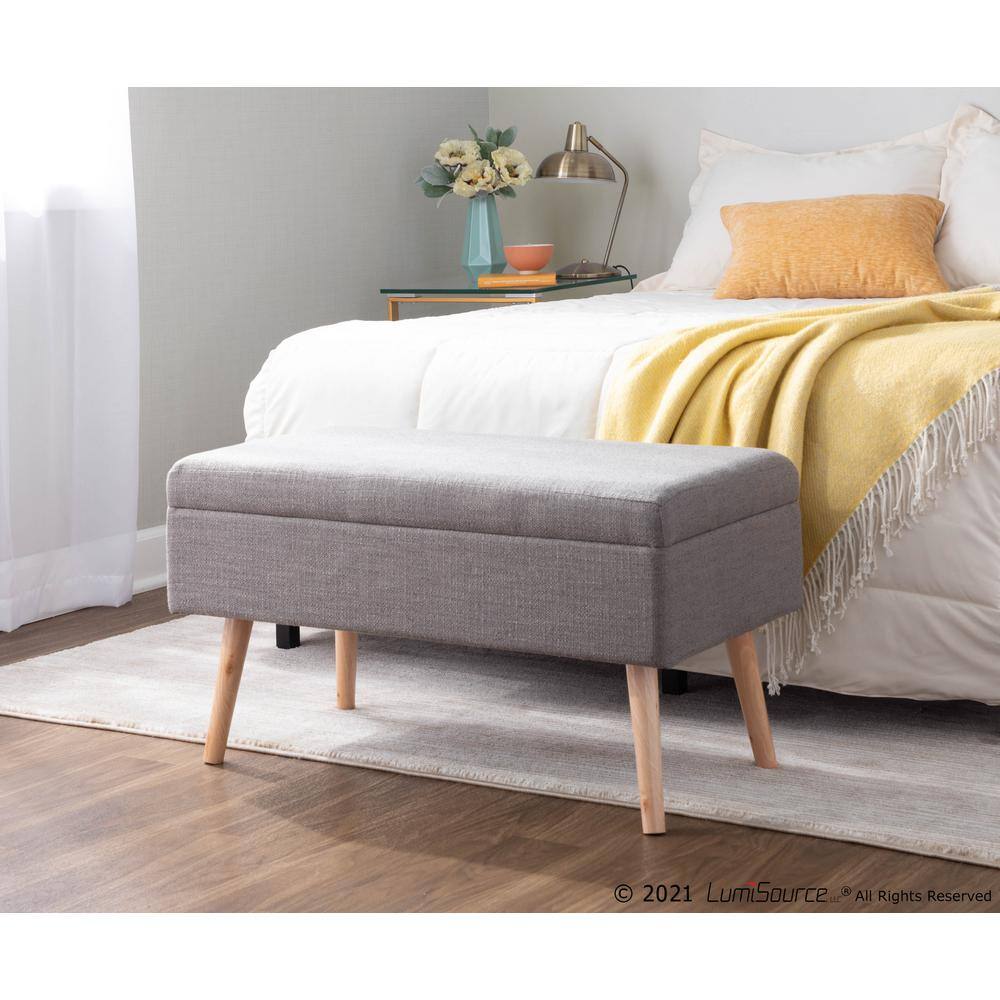 Contemporary Gray Fabric Upholstered Storage Bench with Natural Wood Legs