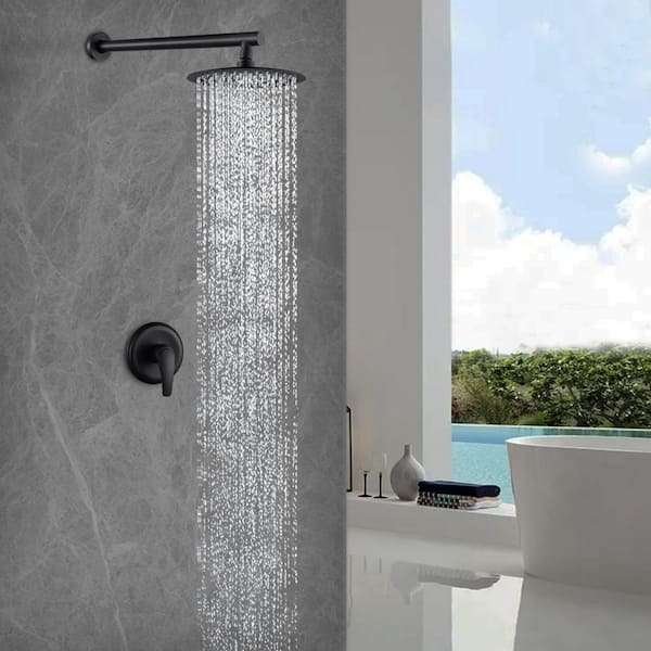 1-Spray Patterns 8 in. Wall Mount Rain Fixed Shower Head Built-in Shower System with Single Handle in Black