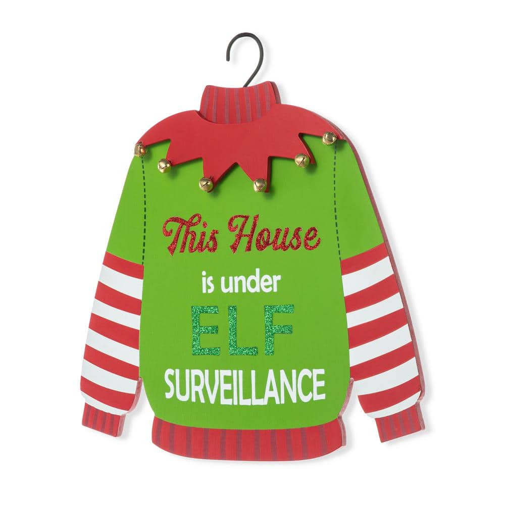 Glitzhome 13.25 in. H Wooden Christmas Elf Word Sign Door