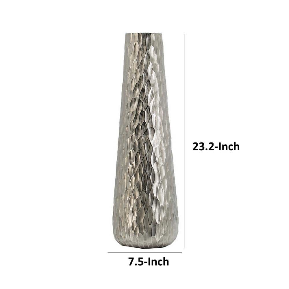 23-Inch Silver Diamond Textured Aluminum Tapered Vase