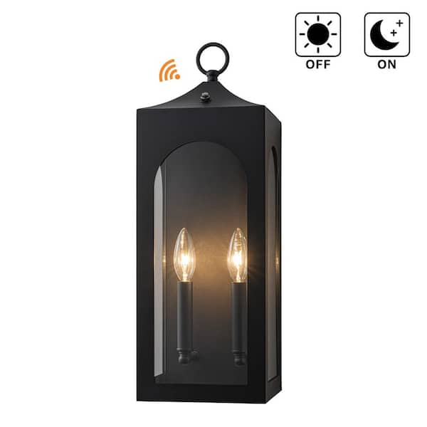 H20" 2-Lights Large Dusk to Dawn Outdoor Wall Lantern Exterior Wall Sconce with Dual Candle Lights and Roof Top Design