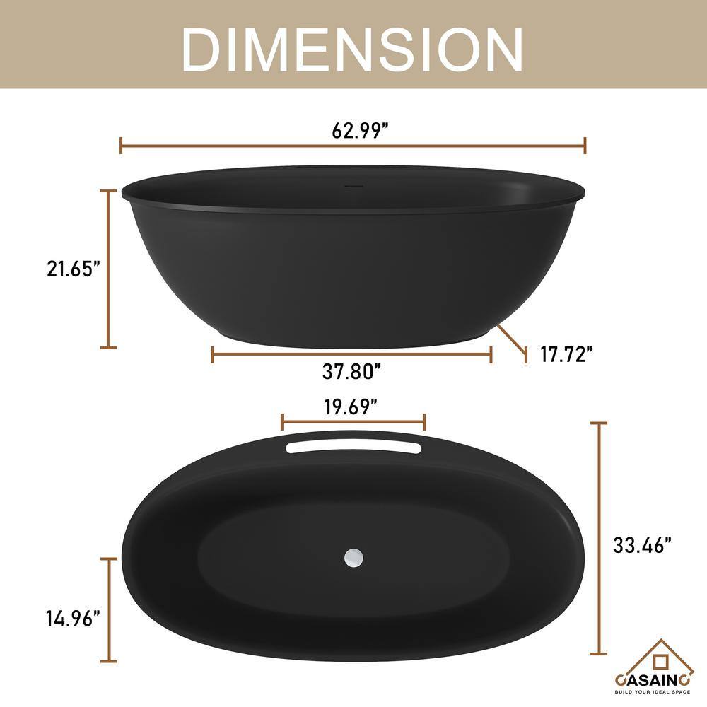 Matte Black 63'' Freestanding Composite Soaking Bathtub