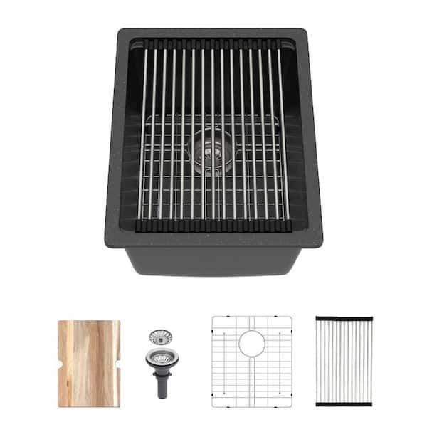 15 in. Undermount Singel Bowl 16 Gauge Black Quartz Kitchen Sink with Cutting Board,Strainer