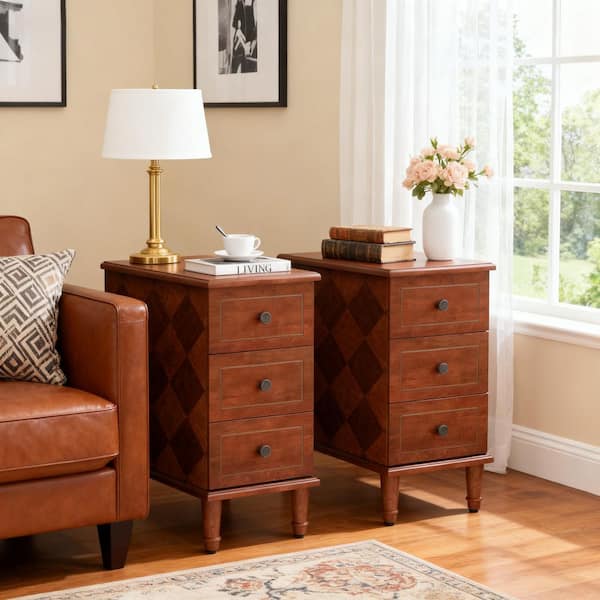25 in. H Solid Wood Brown Rectangle End Table with 3 Drawers, No Assembly Vintage Side Table for Bedroom, Living Room