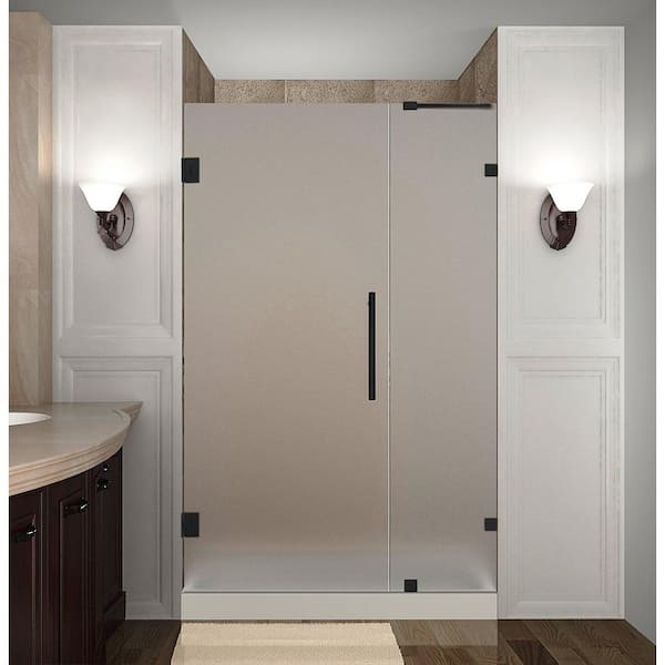 Aston Nautis 63.25 - 64.25 in. x 72 in. Frameless Hinged Shower Door with Frosted Glass in Matte Black