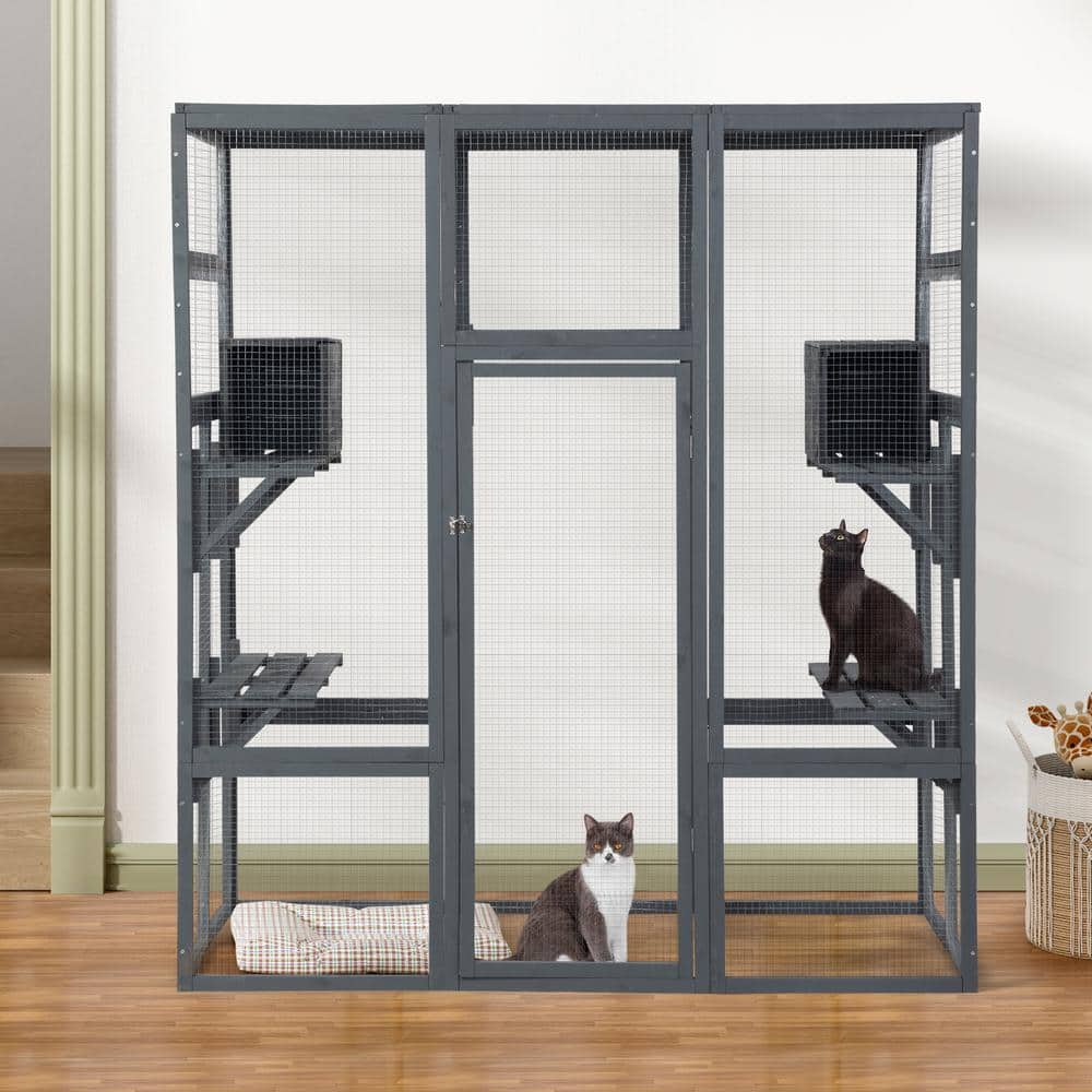 Gray Fir Wood Outdoor Cat Enclosure with Platforms and Condos