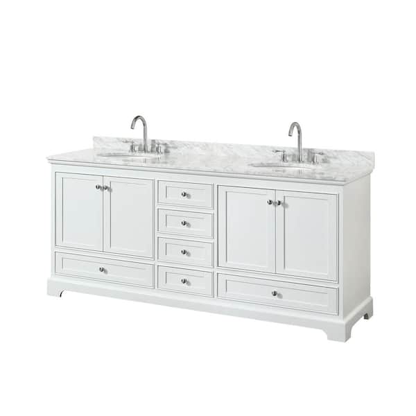 Deborah 80 in. Double Bathroom Vanity in White with Marble Vanity Top in White Carrara with White Basins