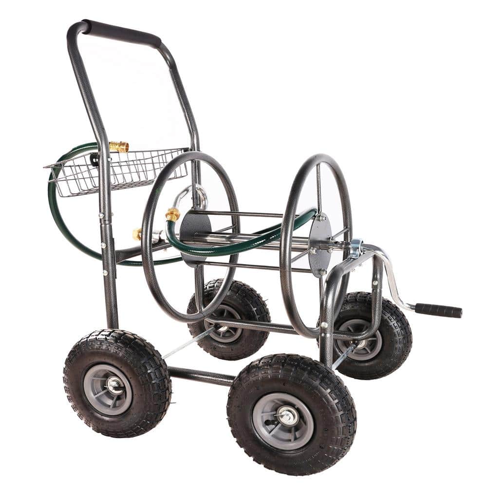 Green Heavy-Duty 4-Wheel Garden Hose Reel Cart with Storage Basket