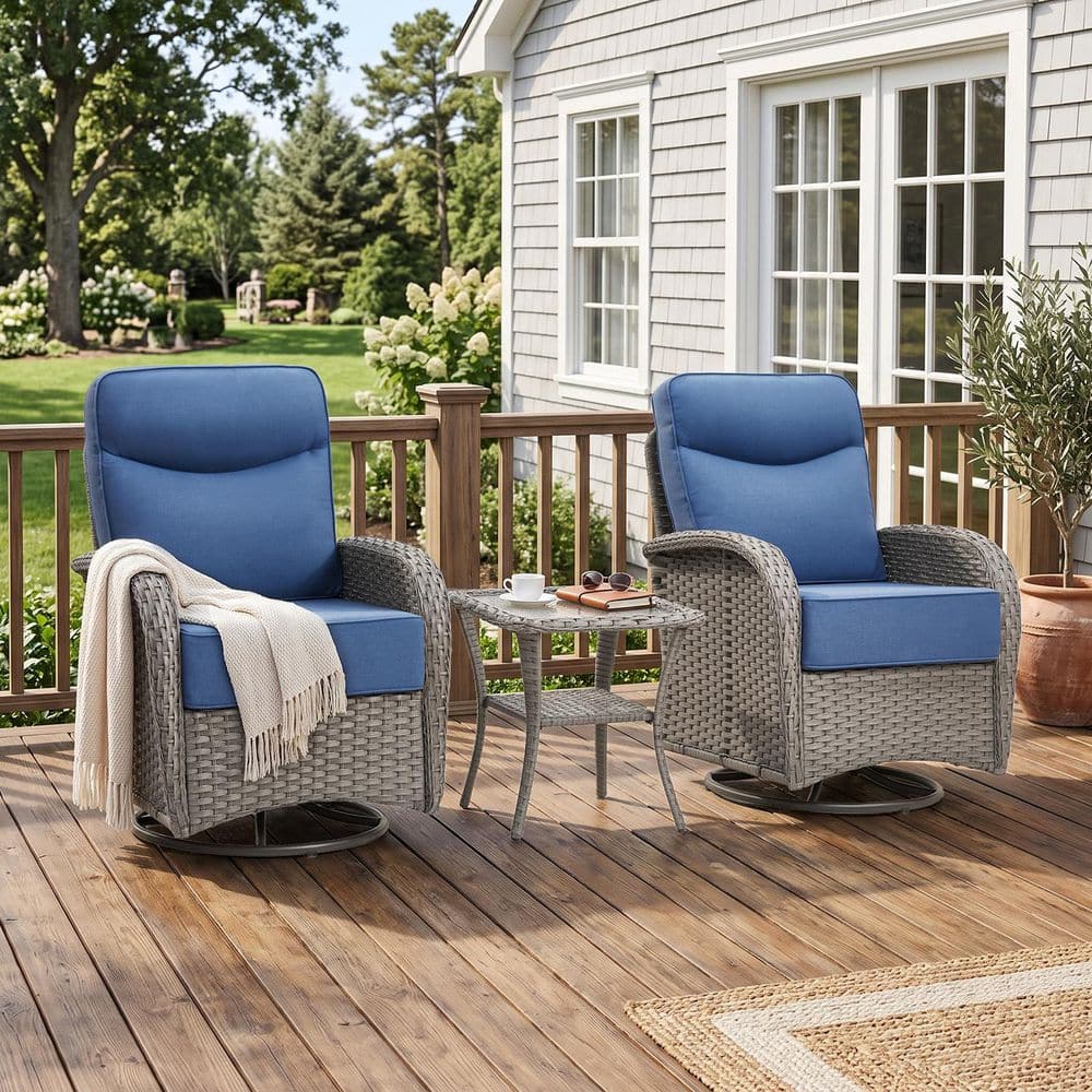 Moonridge Gray Wicker Outdoor Swivel Glider Chairs with Blue Olefin 6 in. Thick Cushions/Side Table（3-Piece） price history on PriceWatchPro