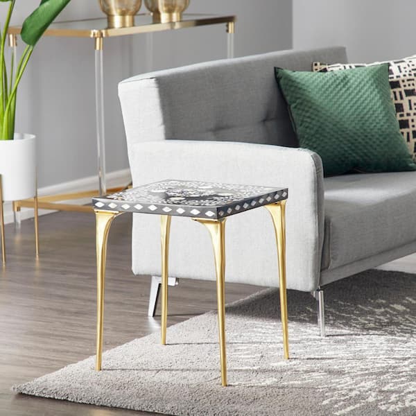 Litton Lane Square Black Wood Accent Table With White Shell Detail And Gold Metal Base, 16 in x 21 in.