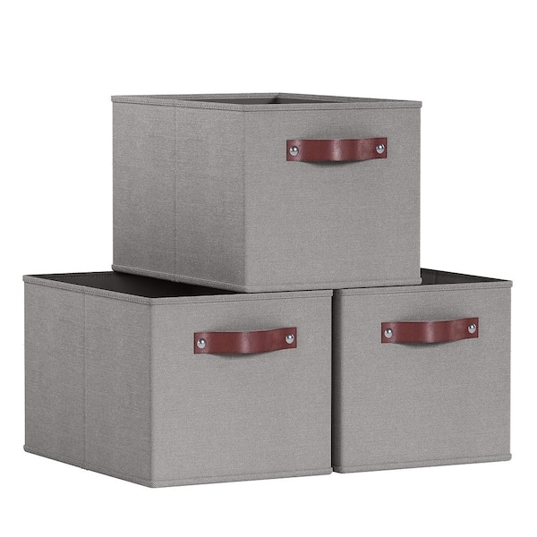 Ornavo Home 3-Pack Collapsible Storage Fabric Shelf Basket with Faux Leather Handles
