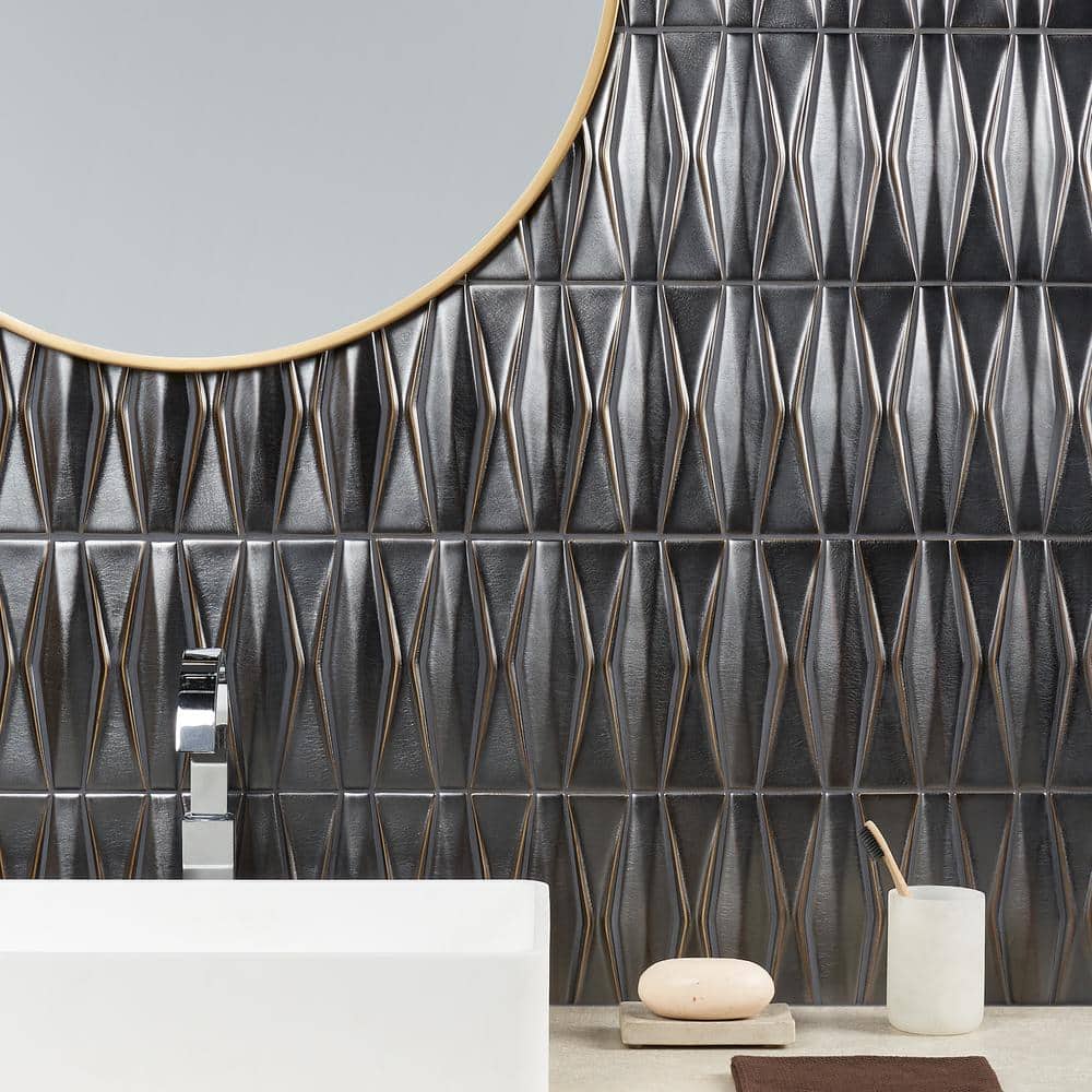 Dark Gray Geometric Glossy Glass Mosaic Tile 12x16