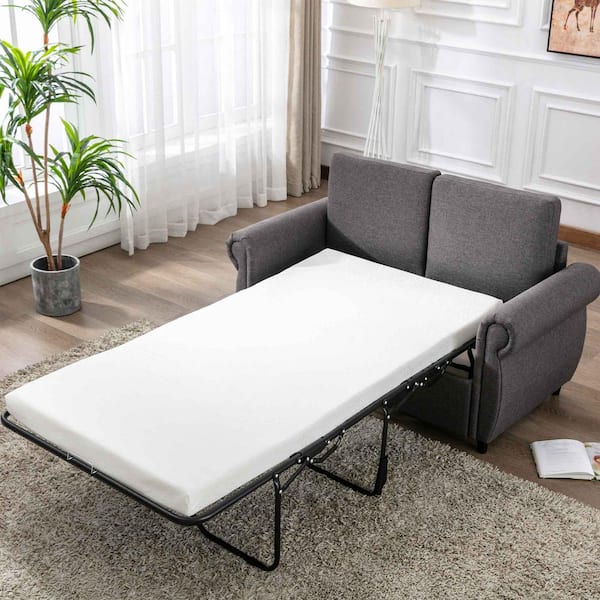 57.5 in. Square Arm Linen Rectangle Sofa with Twin Size Memory Mattress in Gray