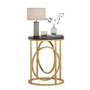 Andrea 19.7 in. Marble Black Round Wooden End Table with Gold O-shaped Base