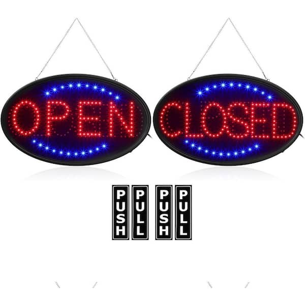 3-Piece LED Open Closed Sign Set Electronic Neon Display with Push Pull Vinyl Stickers for Storefront Window