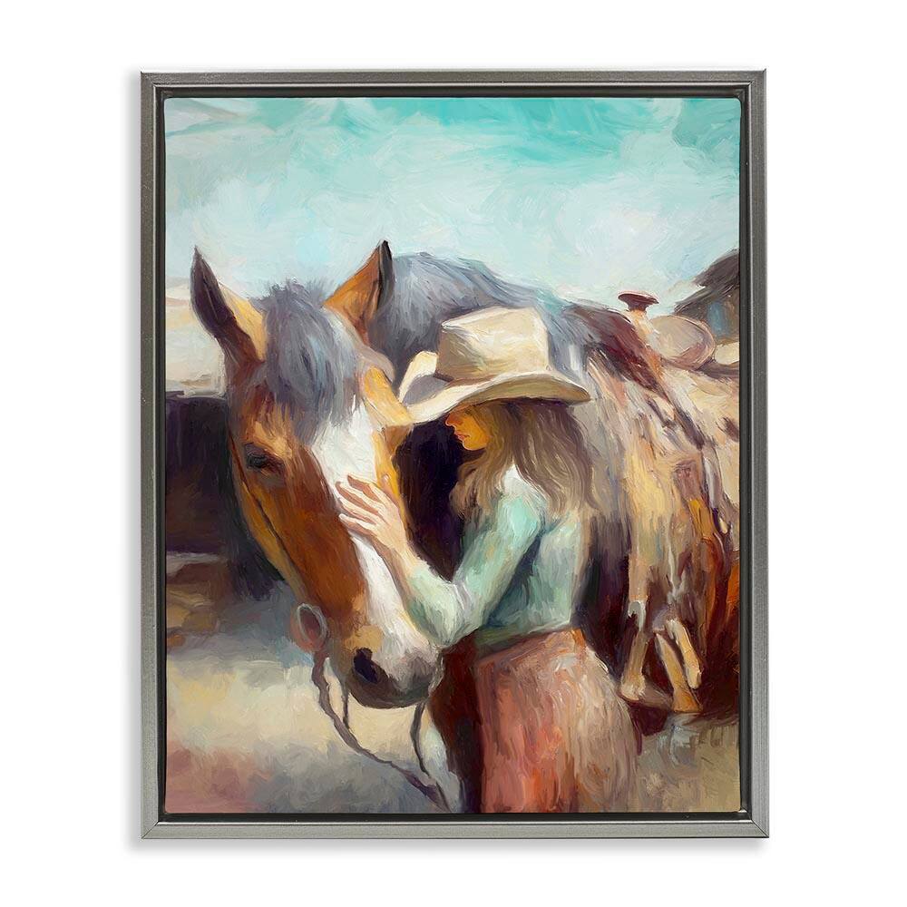 Cowgirl Petting Horse by Ramona Murdock Gray Floater Frame Graphic Art Print People 31 in. x 25 in. price history on PriceWatchPro