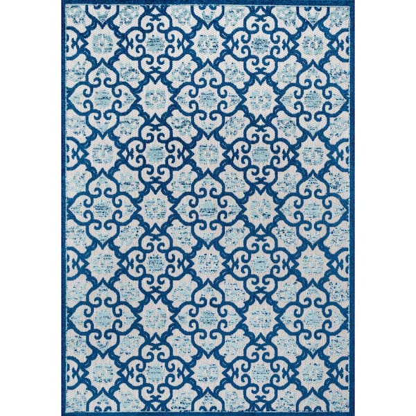 Gallia Tile Trellis High-Low Light Gray/Blue 5 ft. x 8 ft. Indoor/Outdoor Area Rug
