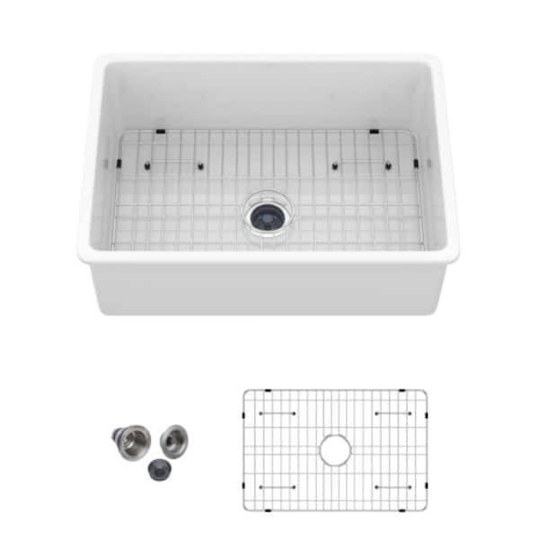27 in. x 19 in. x 10 in. Undermount Single Bowl Fireclay Kitchen Sink in White with Dual Mount