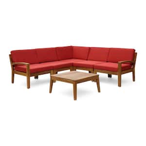 Grenada Teak Brown 6-Piece Wood Patio Conversation Set with Red Cushions