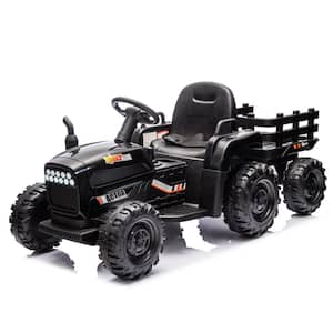 24-Volt Black Kids Ride on Tractor Electric Car with Trailer, 3-Speed Adjustable, MP3, Bluetooth, LED Light, Safety Belt