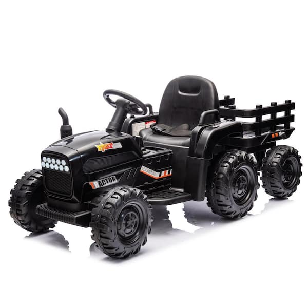 Zeus & Ruta 24-Volt Black Kids Ride on Tractor Electric Car with Trailer, 3-Speed Adjustable, MP3, Bluetooth, LED Light, Safety Belt