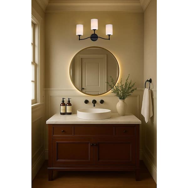 Liam 22 in. 3-Light Matte Black Vanity Light with White Opal Glass Shade