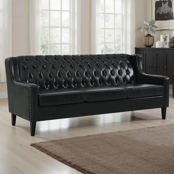 Will 78.75 in. Slope Arm Upholstered PU Leather Rectangle Button Tufted Sofa in Black with Naihead Trim