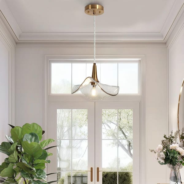 1-Light Plated Brass Handmade Glass Wave Pendant Light, Modern Retro Kitchen Island Staircase Foyer Flower Hanging Light