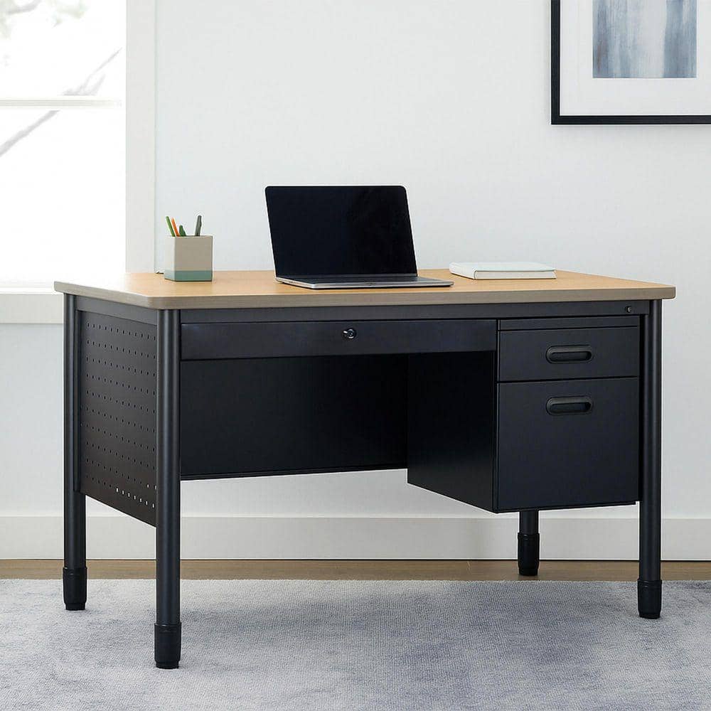 Mesa 48 in. Medium Oak Top Steel Single Pedestal Teacher's Office Desk with Center Drawer, Black Base