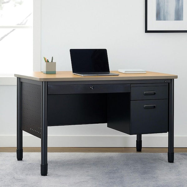 Mesa 48 in. Medium Oak Top Steel Single Pedestal Teacher's Office Desk with Center Drawer, Black Base