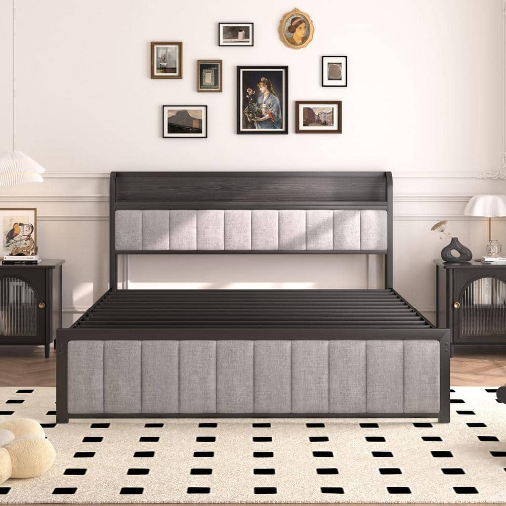 Queen Bed Frame, Black Metal Frame Platform Bed Upholstered Headboard with Storage Charging Station, Sturdy Metal Slats - thumbnail 9